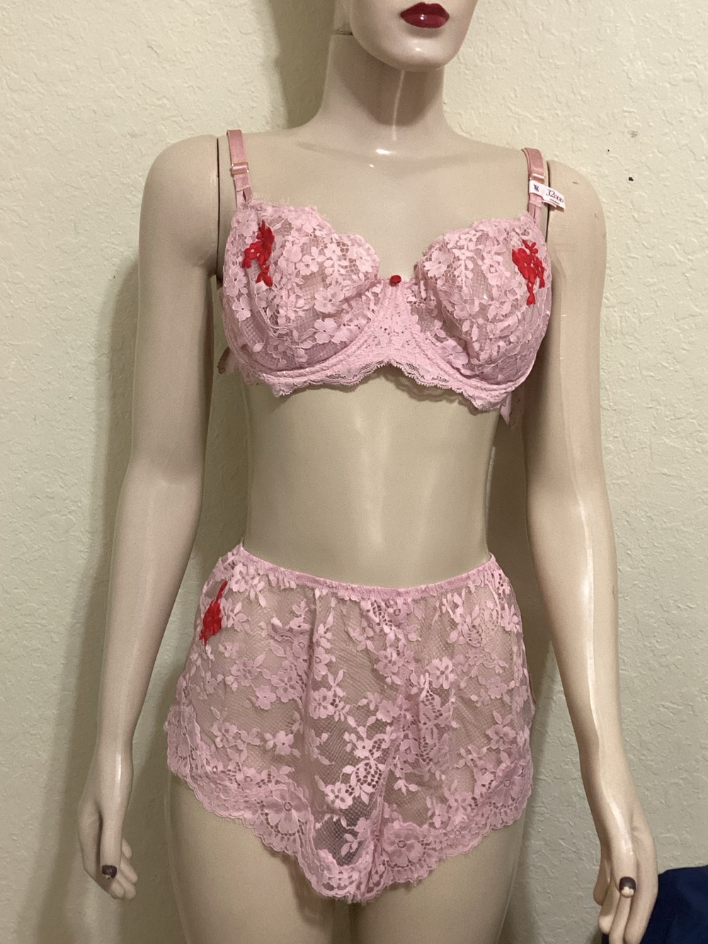 Victoria's Secret Pink Lace Bra and High-Waist Brief Set with Red Accents